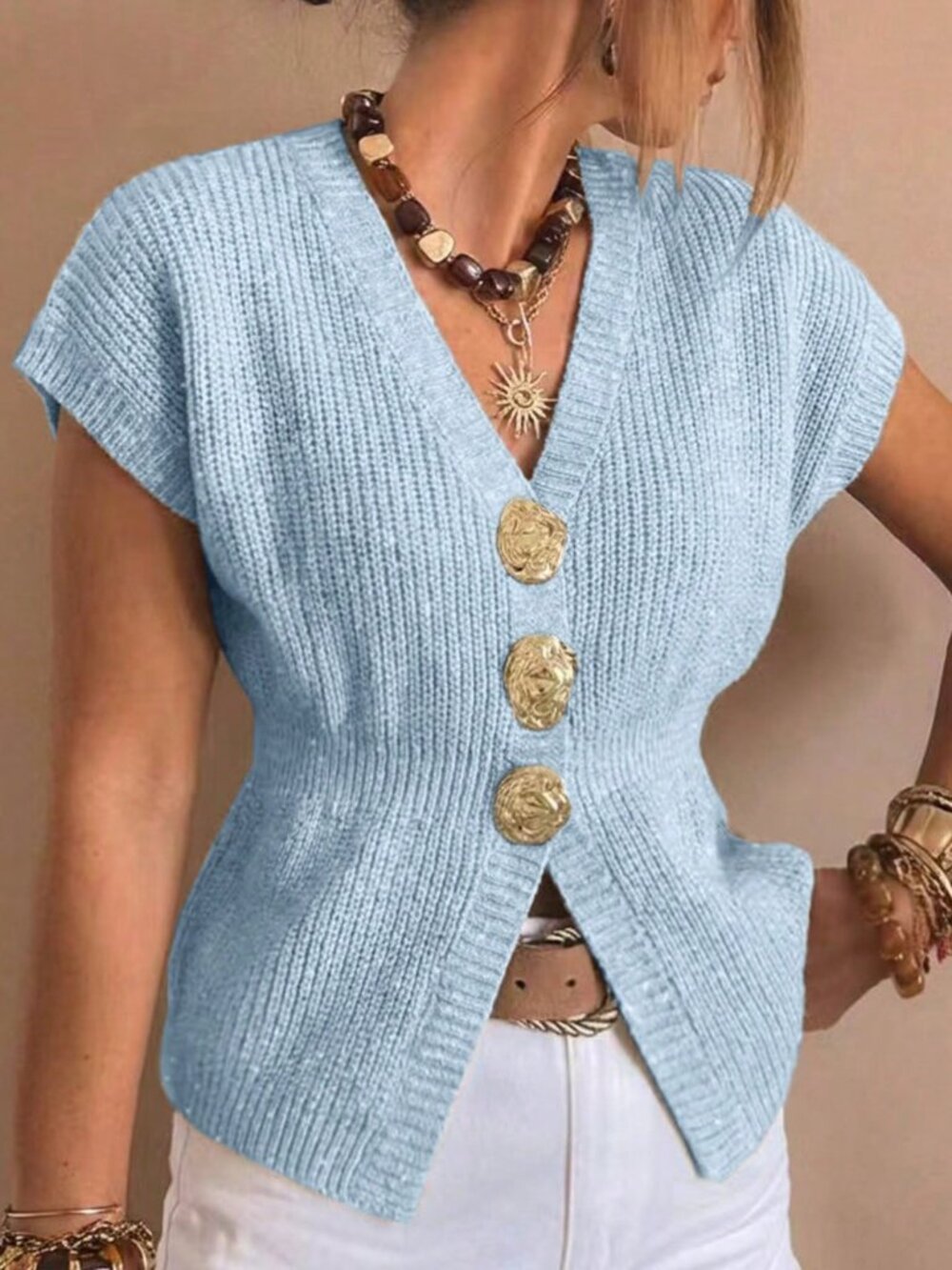 Baby Blue Casual Women's V-Neck Knit Top - Picture 4 of 7